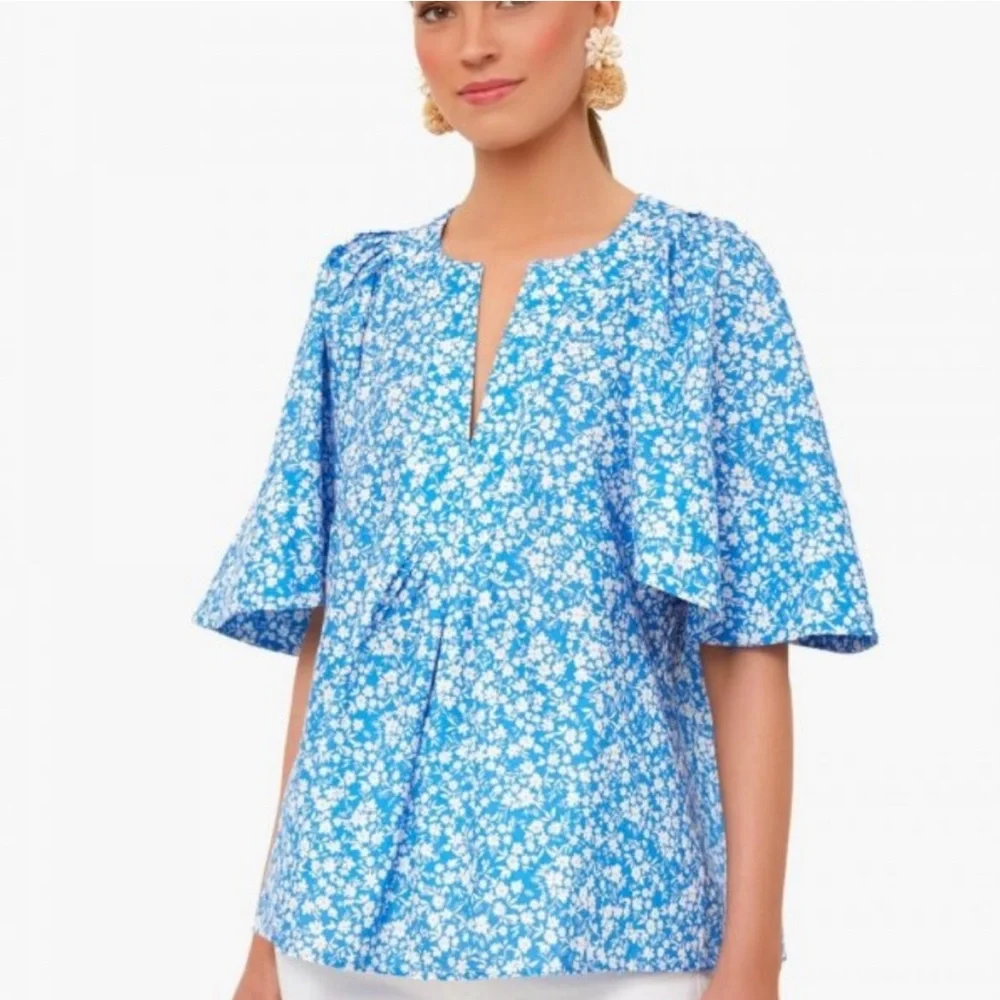 Tuckernuck Blue Floral Split-Neck Blouse - Picture 3 of 15